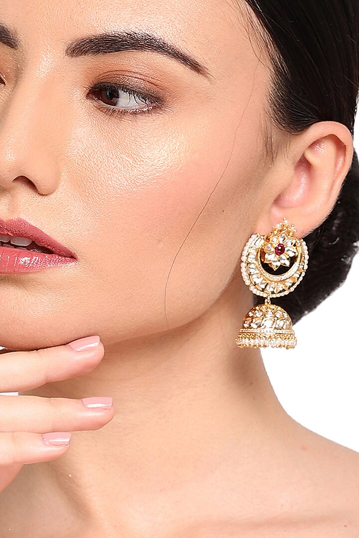 Gold Finish Kundan Polki Handcrafted Jhumka Earrings by Queen Be at Pernia's Pop Up Shop