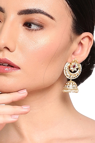 Gold Finish Kundan Polki Handcrafted Jhumka Earrings by Queen Be