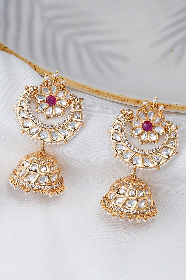 Gold Finish Kundan Polki Handcrafted Jhumka Earrings by Queen Be at Pernia's Pop Up Shop