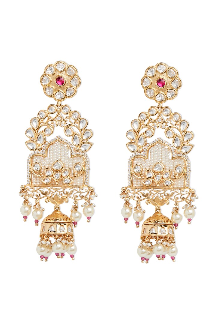 Gold Finish Red Stone & Pearl Dangler Earrings by Queen Be at Pernia's Pop Up Shop