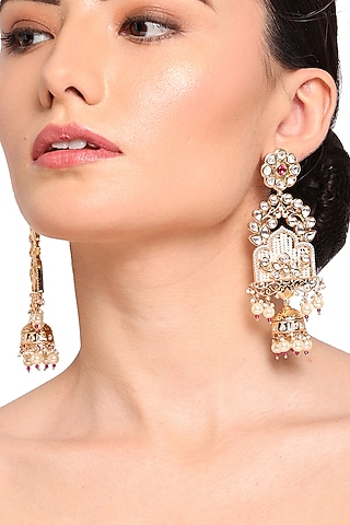 Gold Finish Red Stone & Pearl Dangler Earrings by Queen Be