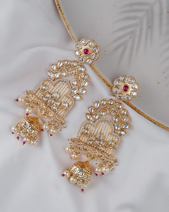 Gold Finish Red Stone & Pearl Dangler Earrings by Queen Be at Pernia's Pop Up Shop