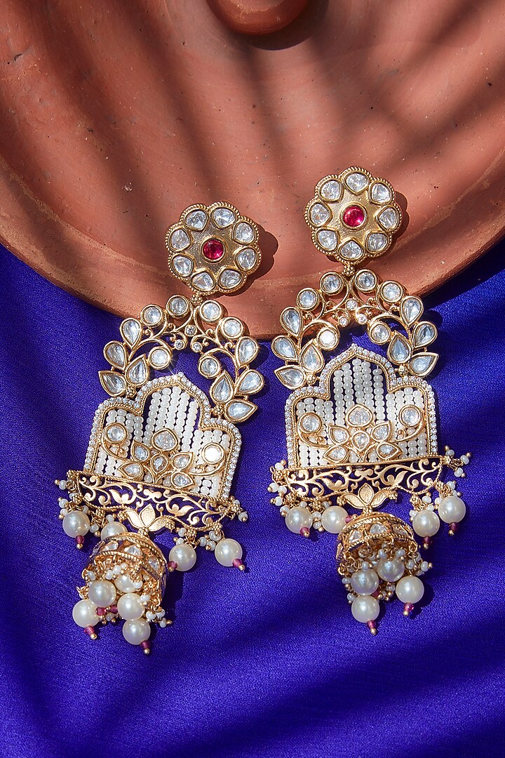 Gold Finish Red Stone & Pearl Dangler Earrings by Queen Be at Pernia's Pop Up Shop
