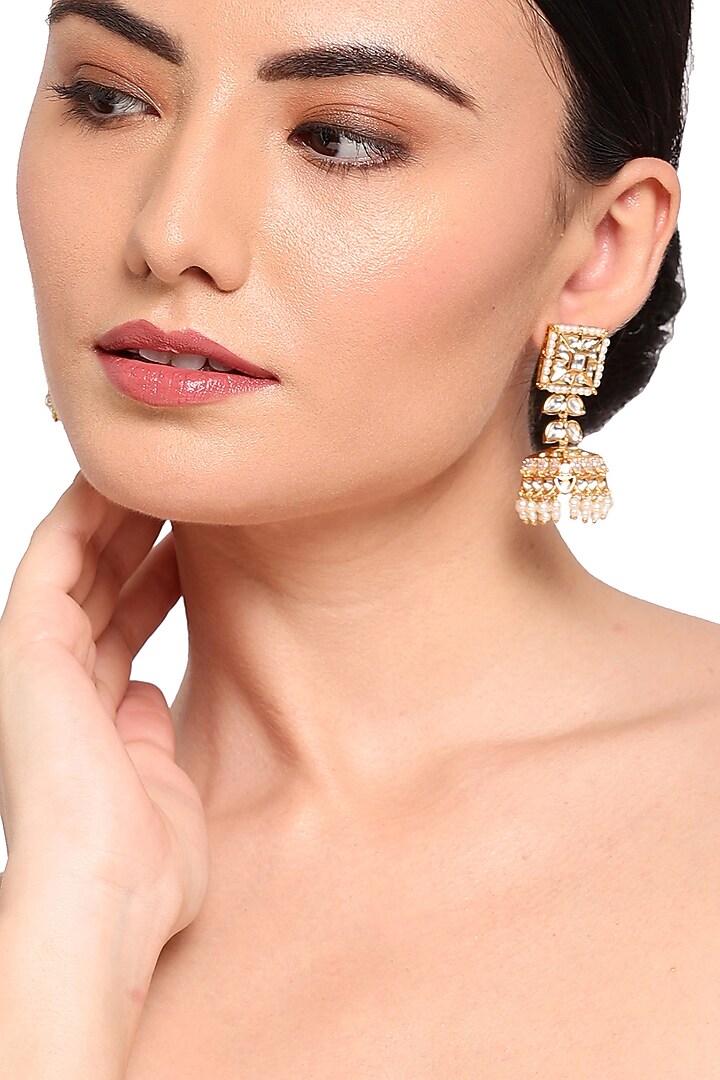 Gold Finish Kundan Polki Jhumka Earrings by Queen Be at Pernia's Pop Up Shop