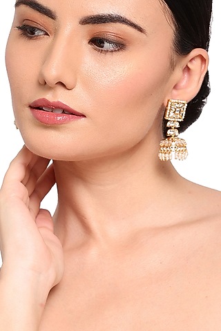 Gold Finish Kundan Polki Jhumka Earrings by Queen Be