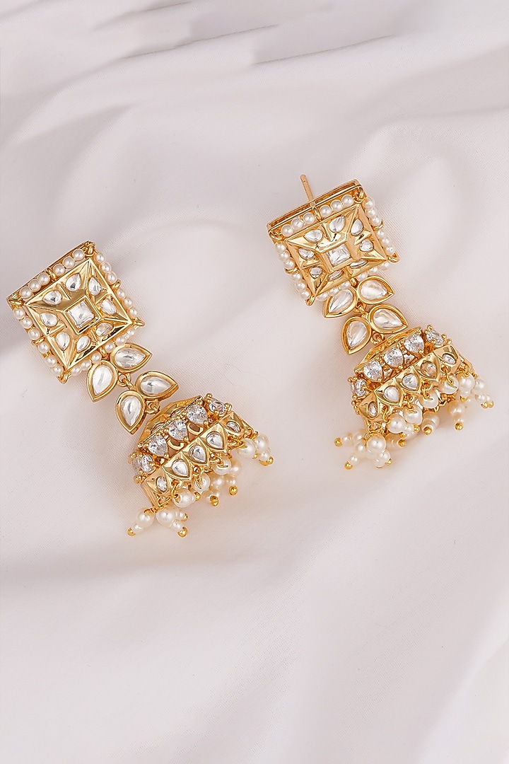 Gold Finish Kundan Polki Jhumka Earrings by Queen Be at Pernia's Pop Up Shop