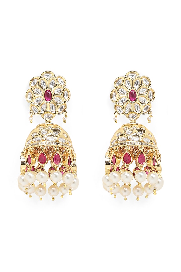 Gold Finish Red Stone Jhumka Earrings by Queen Be at Pernia's Pop Up Shop