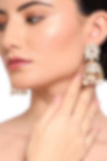 Gold Finish Red Stone Jhumka Earrings by Queen Be at Pernia's Pop Up Shop