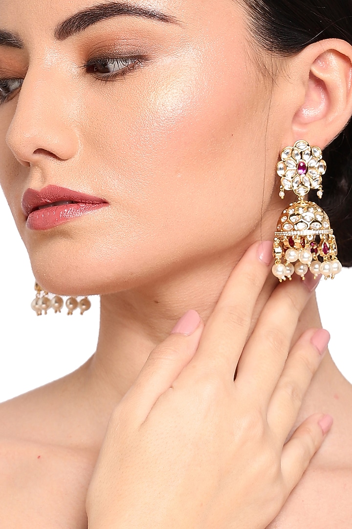 Gold Finish Red Stone Jhumka Earrings by Queen Be at Pernia's Pop Up Shop