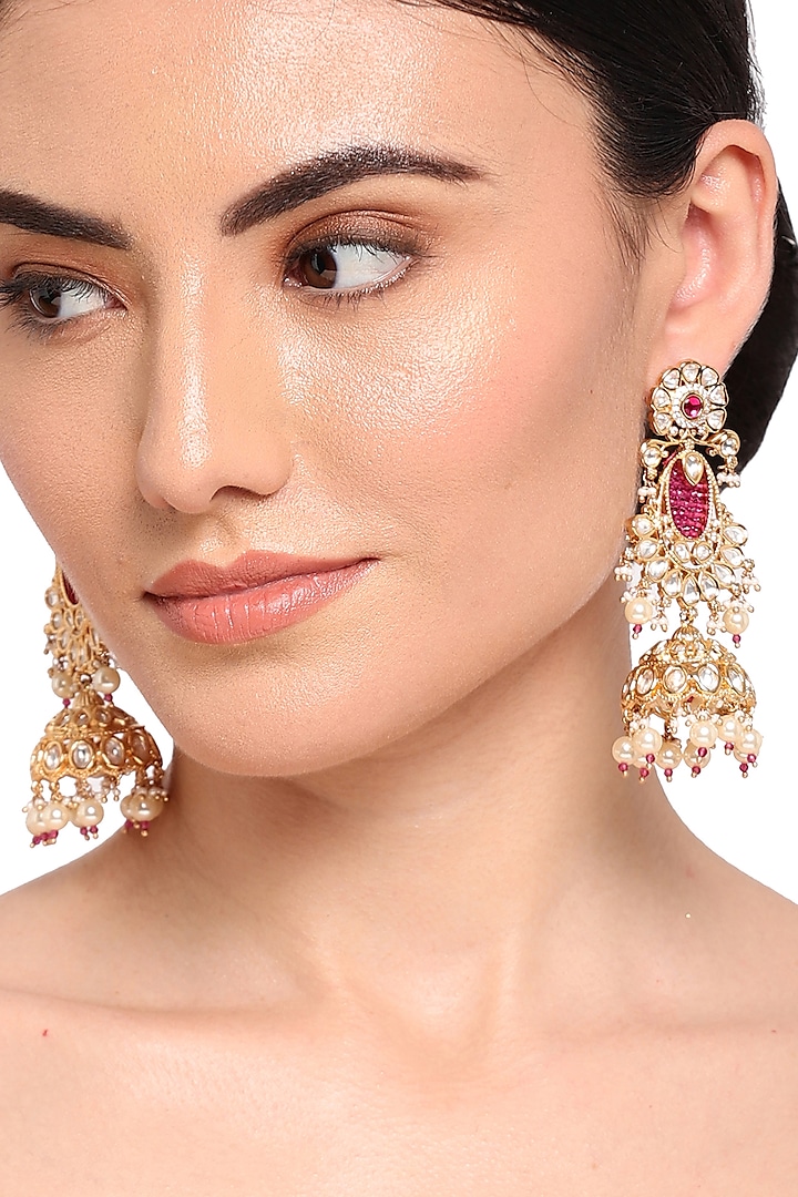 Gold Finish Kundan Polki & Rani Pink Stone Jhumka Earrings by Queen Be