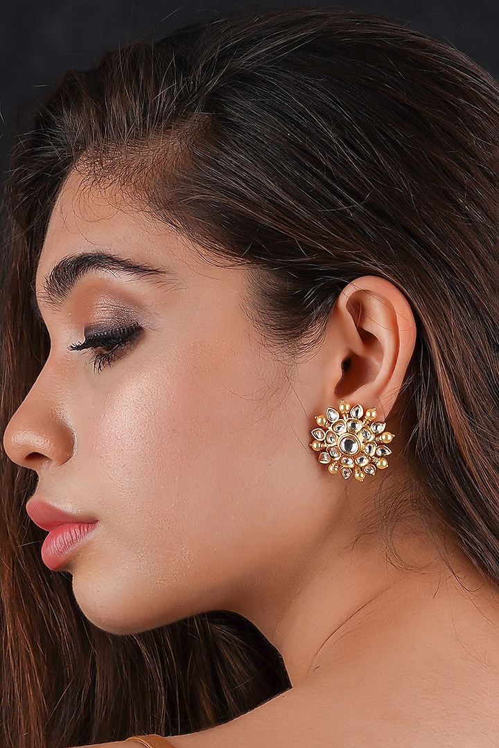 Gold Finish Diamonds Stud Earrings by Queen Be