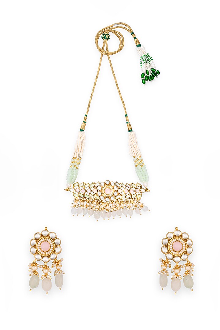 Gold Finish Mint Beaded Necklace Set Design by Queen Be at Pernia's Pop