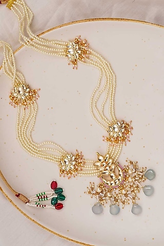 Gold Finish Blue Beaded Long Necklace by Queen Be