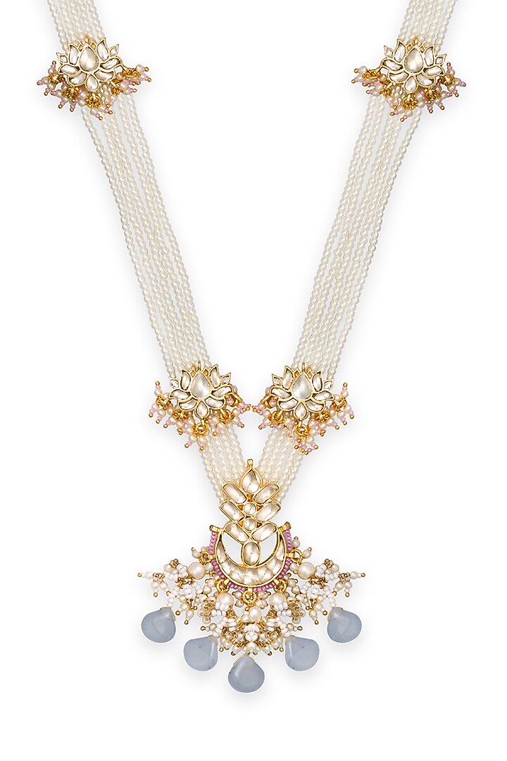 Gold Finish Blue Beaded Long Necklace by Queen Be at Pernia's Pop Up Shop