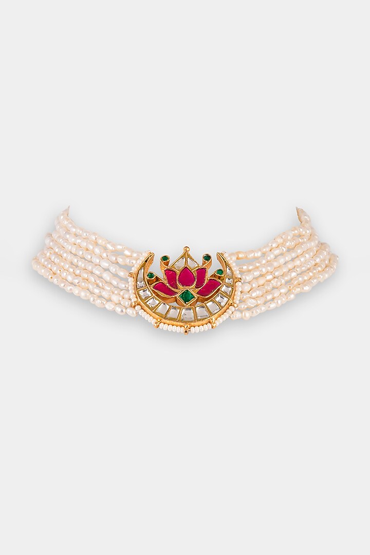 Gold Finish Kundan Polki & Pearl Choker Necklace In 18 Kt Gold by Queen Be at Pernia's Pop Up Shop