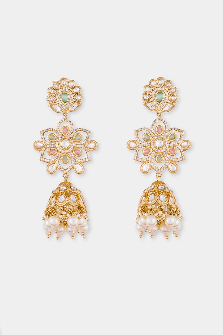 Gold Finish Kundan Polki Jhumka Earrings In 18 Kt Gold by Queen Be at Pernia's Pop Up Shop