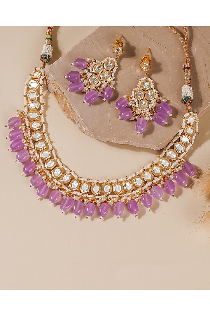 Gold Finish Kundan Polki Necklace Set by Queen Be at Pernia's Pop Up Shop