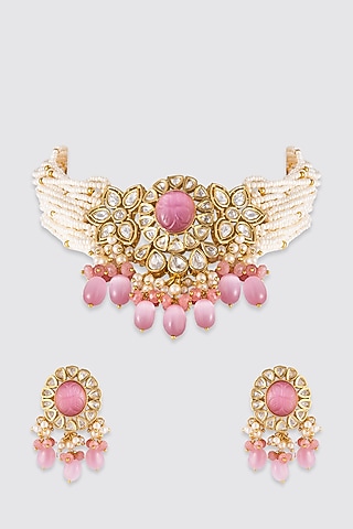 Gold Finish Pearl Necklace Set by Queen Be