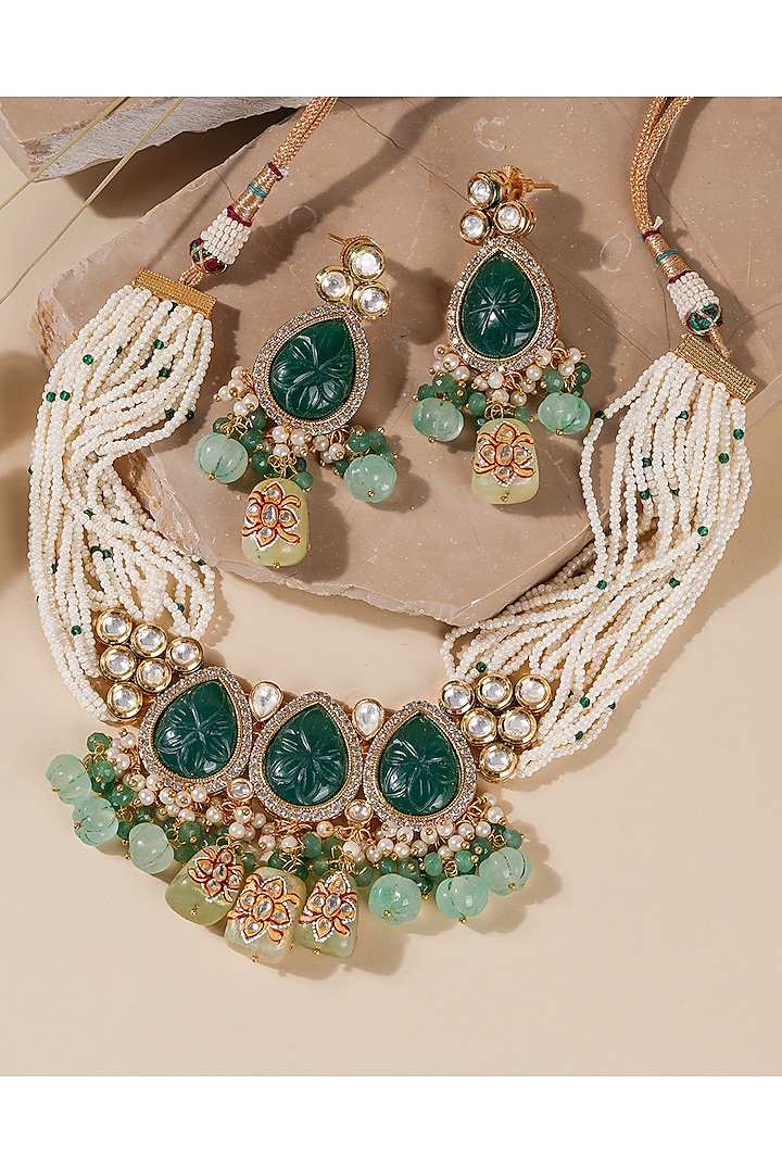Gold Finish Emerald Synthetic Stones Necklace Set by Queen Be