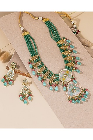 Gold Finish Multi-Colored Stones Necklace Set by Queen Be