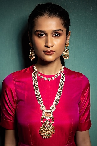 Gold Finish Necklace Set With Multi-Colored Stones by Queen Be