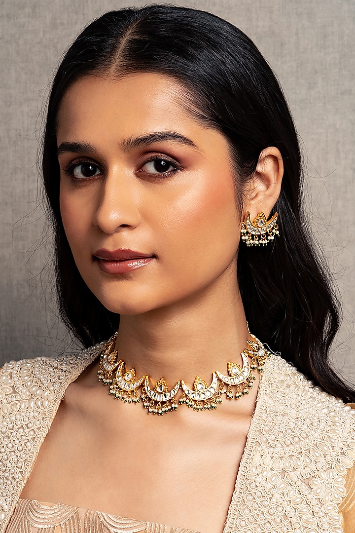 Gold Finish Necklace Set With Kundan Polki by Queen Be