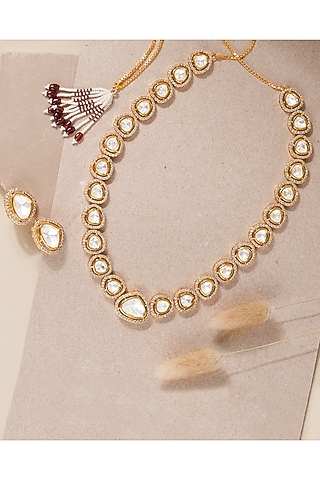 Gold Finish Handcrafted Diamonds Necklace Set by Queen Be