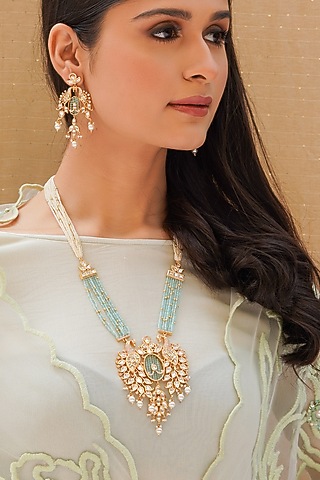 Gold Finish Turquoise Stones Necklace Set by Queen Be