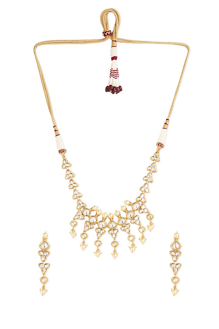 Gold Finish Kundan Polki Necklace Set by Queen Be