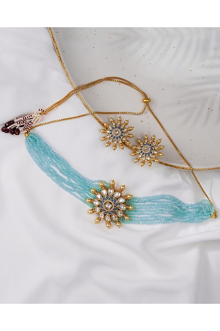 Gold Finish Turquoise Stones Necklace Set by Queen Be at Pernia's Pop Up Shop