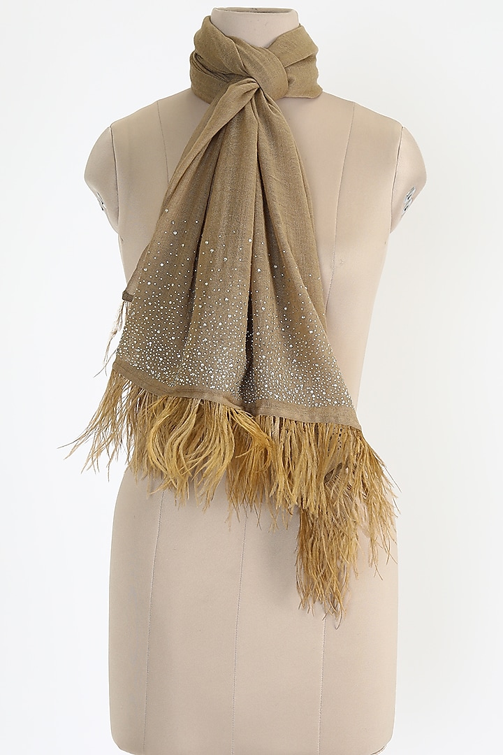 Natural Brown Shawl With Ostrich Feathers by Queenmark