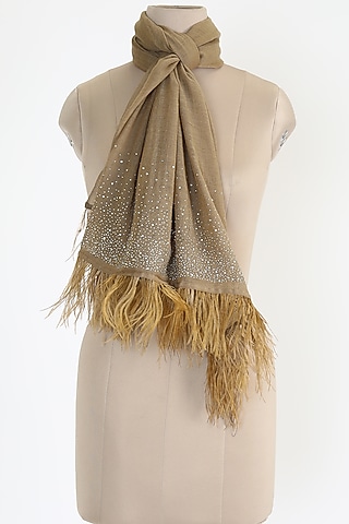 Natural Brown Shawl With Ostrich Feathers by Queenmark