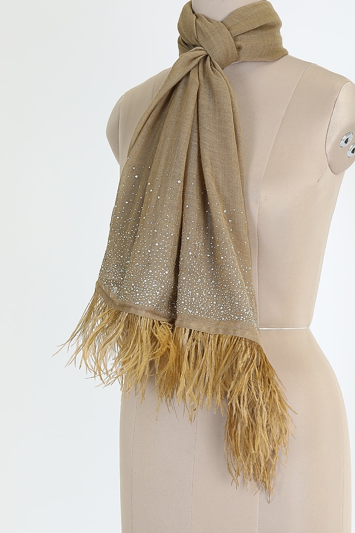 Natural Brown Shawl With Ostrich Feathers by Queenmark at Pernia's Pop Up Shop