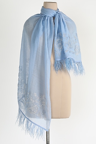 Blue Shawl With Ostrich Feathers by Queenmark