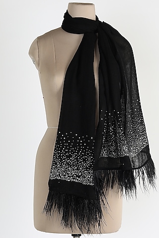 Black Shawl With Ostrich Feathers by Queenmark
