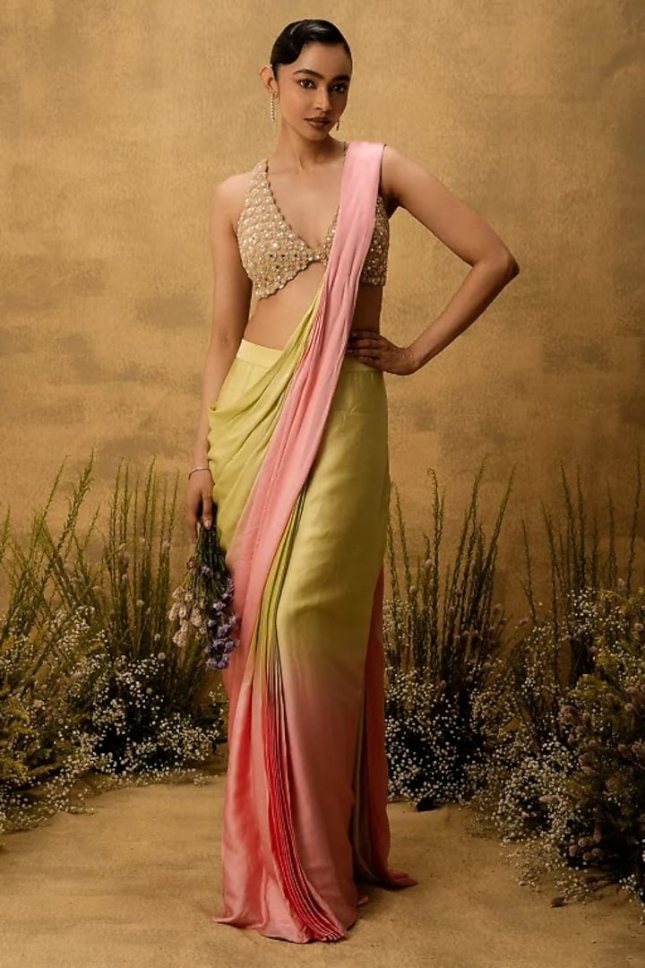 Pastel Green & Pink Ombre Modal Satin Embroidered Pre-Stitched Party Wear Saree Set by Quench A Thirst at Pernia's Pop Up Shop