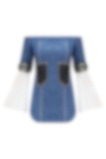 Blue and black leather pocket off shoulder top available only at Pernia's Pop Up Shop.