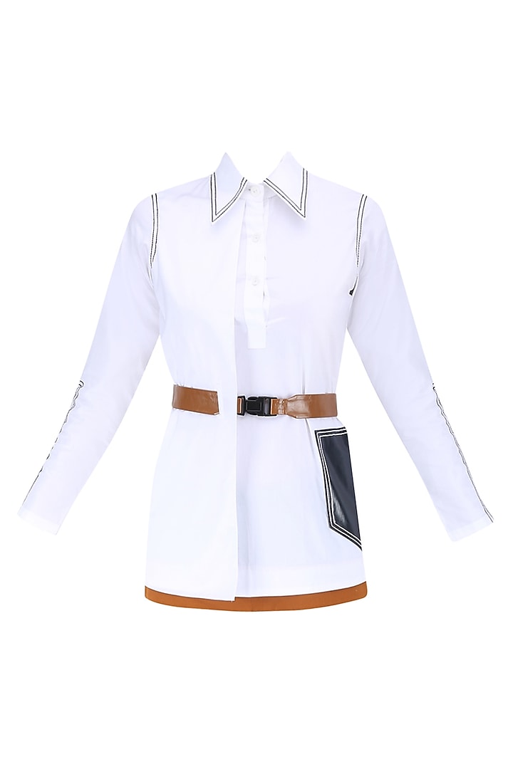 White Overlap Panel Button Down Shirt by QUO