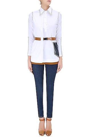White Overlap Panel Button Down Shirt by QUO