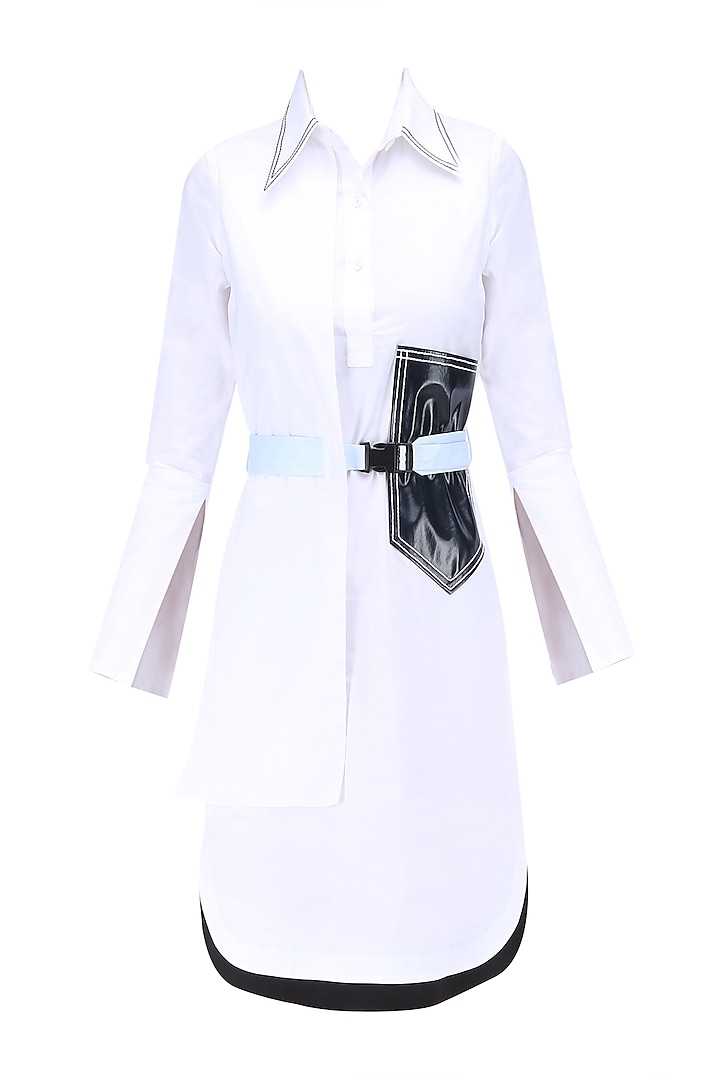 White Overlappig Panel Belted Shirt Dress by QUO