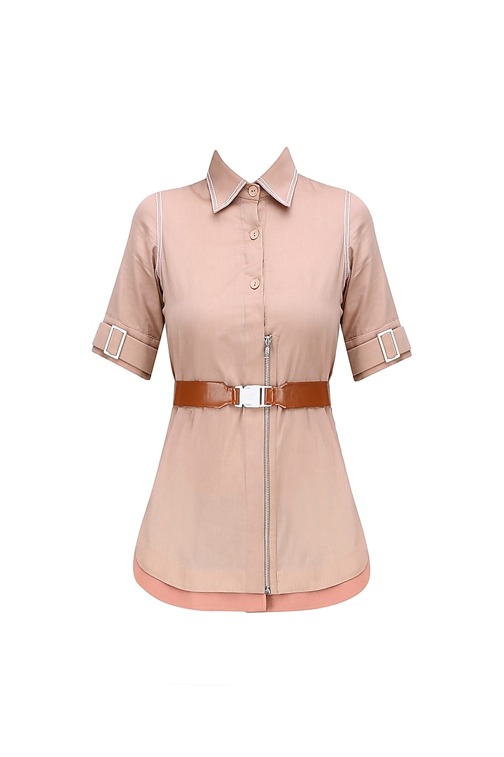 Rose Sand and Tan Brown Leatherite Buckle Shirt by QUO