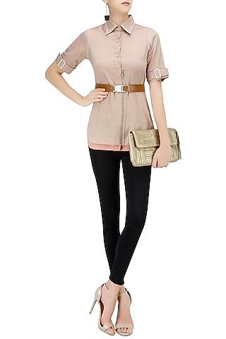 Rose Sand and Tan Brown Leatherite Buckle Shirt by QUO