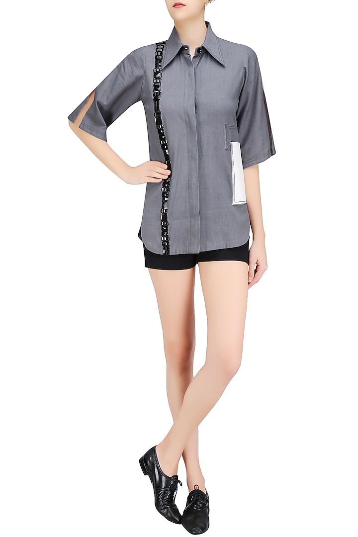 Grey stones embroidered linen shirt available only at Pernia's Pop Up Shop.