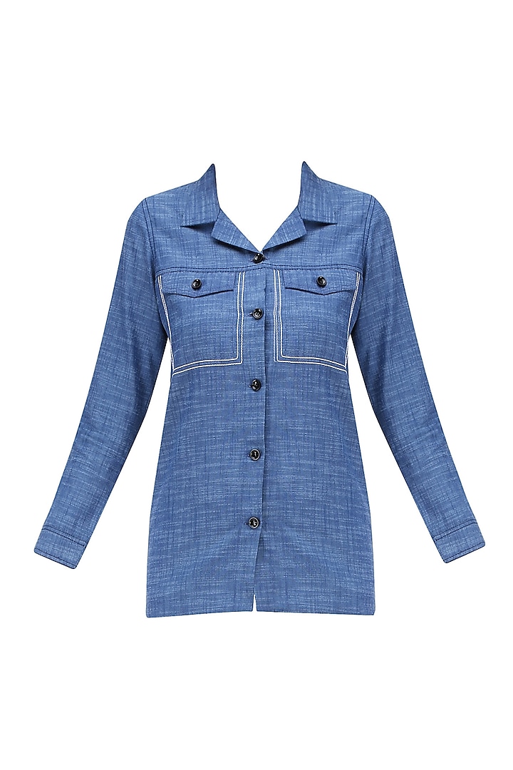 Blue Anchor Stitched Button Down Shirt by QUO