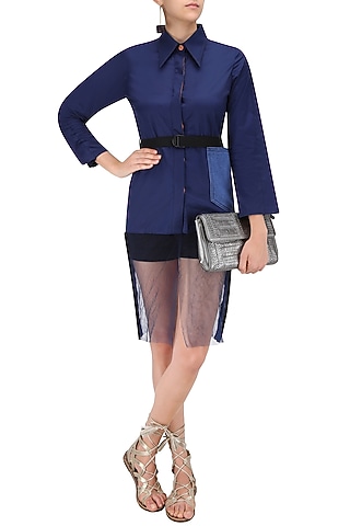 Navy Blue Straight Fit Shirt by QUO