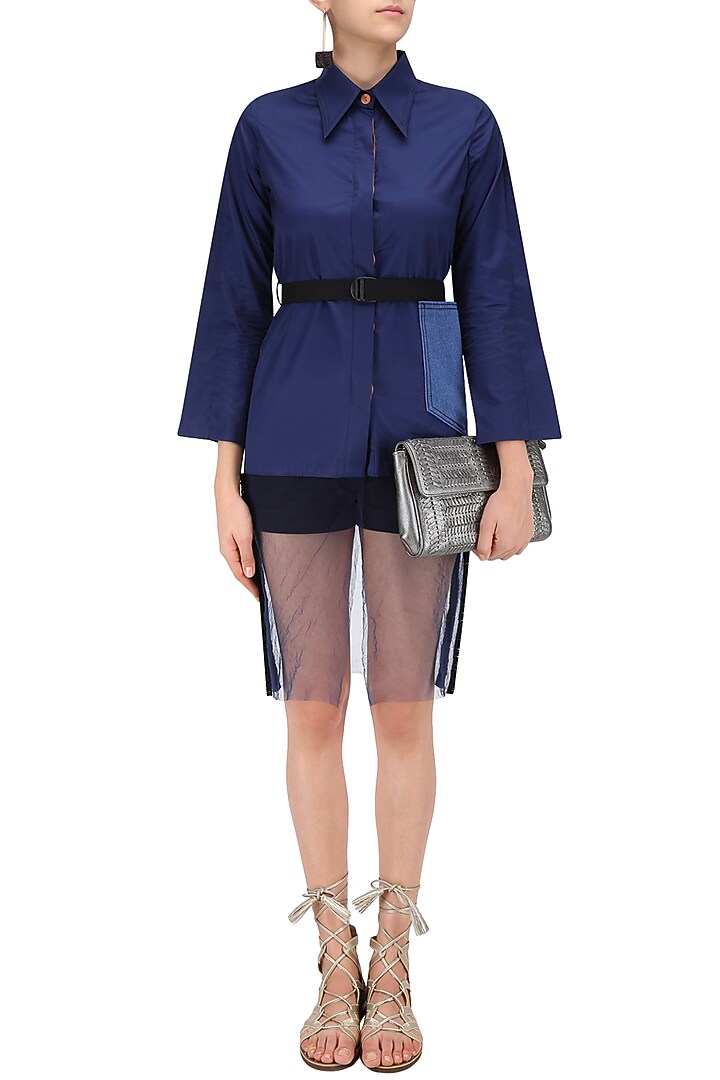 Navy blue straight fit shirt available only at Pernia's Pop Up Shop.