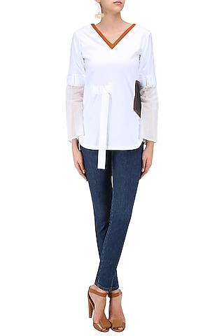 White Overlap Satin Shirt by QUO
