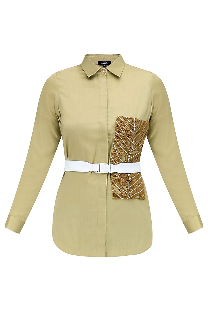 Olive Grey Embroidered Poplin Shirt by QUO