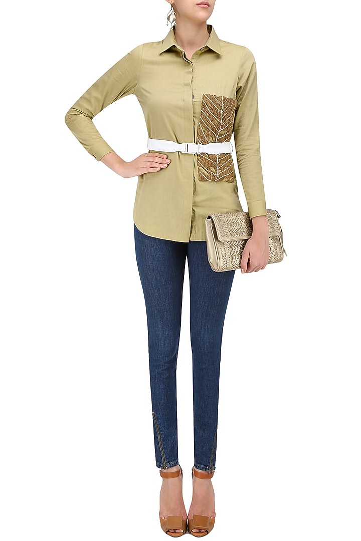 Olive grey embroidered poplin shirt available only at Pernia's Pop Up Shop.