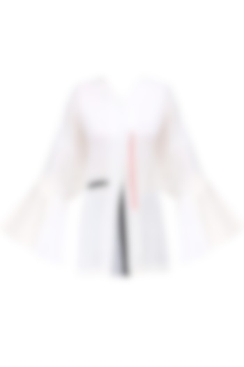 White Kimono Sleeves V Neck Shirt by QUO